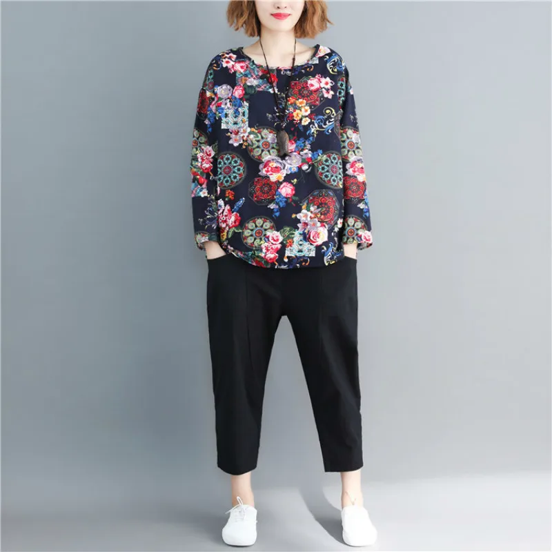 Twojstyle 2018 Autumn New Women's Cotton LinenTop Fashion Large Size Long Sleeve Round Collar Floral Printing Loose Top | Женская