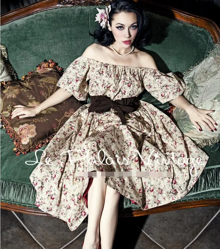 Puff Sleeve waistband with fresh and elegant floral Ball Gown dress short sleeve head Slash neck off-shoulder | Женская одежда