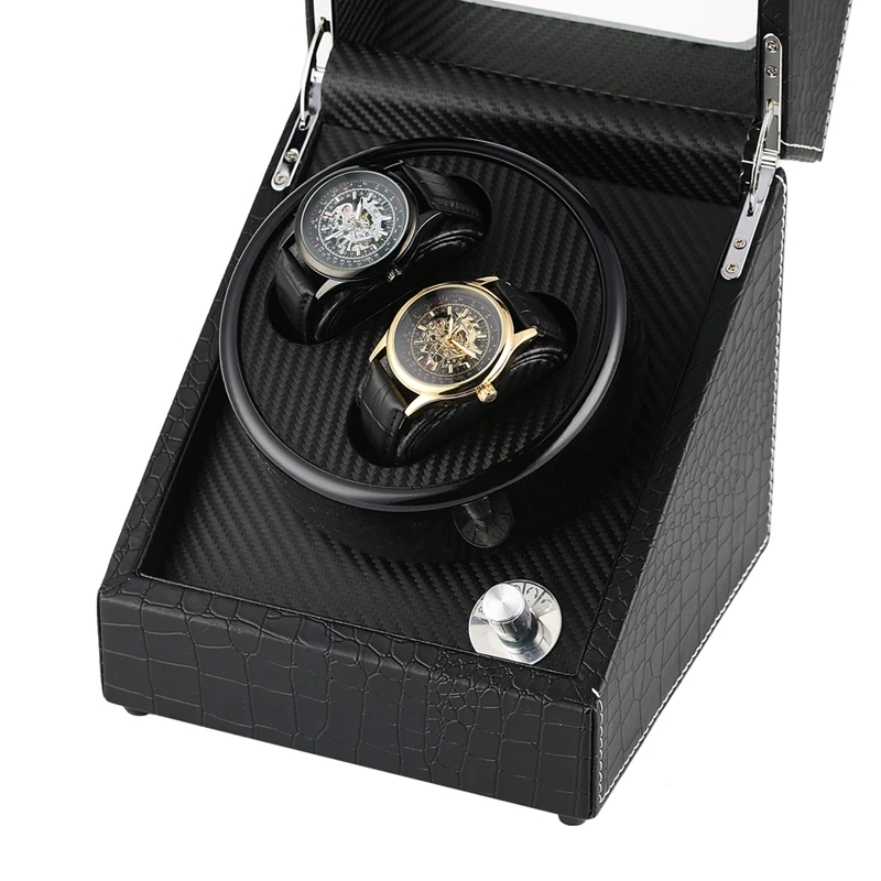 Crocodile Automatic Watch Winder Lacquer Glossy Black Carbon Fiber Double Watch Winding Box Quiet Motor Storage Display Case Box