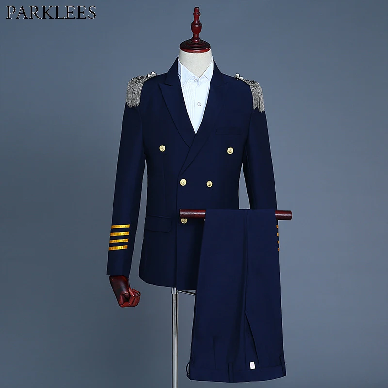 Mens Double Breasted Tassel Epaulet Captain Suits 2019 New Men Party Prom Show Military Style 2 Piece Suit Male Terno Masculino | Мужская