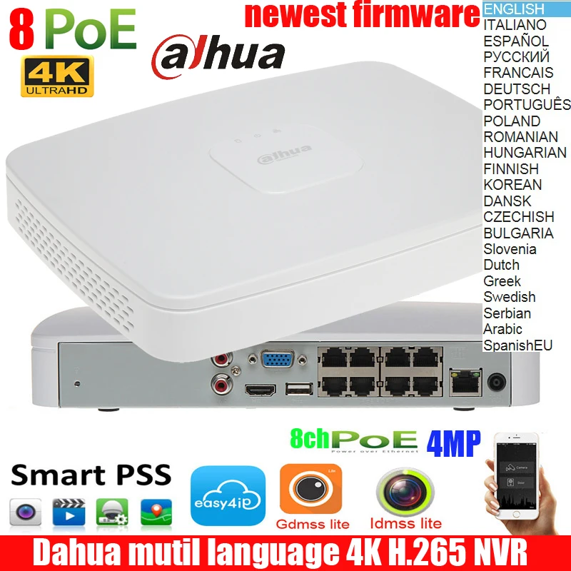 Оригинальный MUtil language DAHUA POE DHI NVR4108 8P 4ks2 4KS2 NVR с 8 poe портами Smart 1U Mini 4k h265 сетевой NVR|nvr