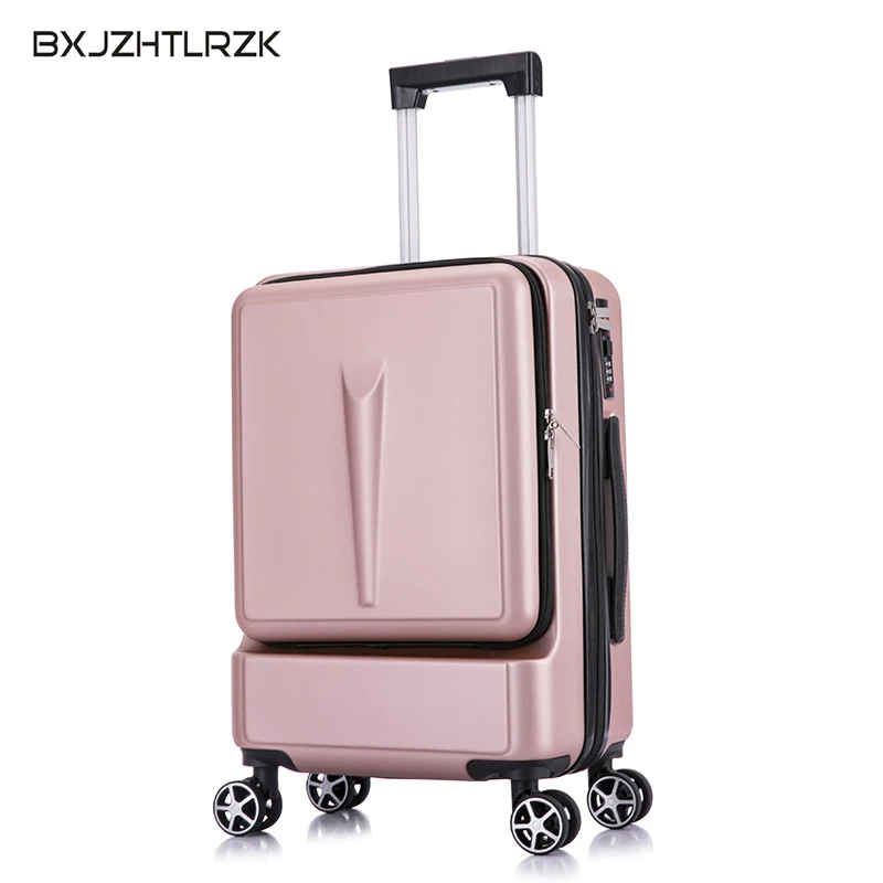 BXJZHTLRZK new suitcase front open computer bag high quality business 20" 24" rolling luggage boarding student suitcase - Цвет: rose gold