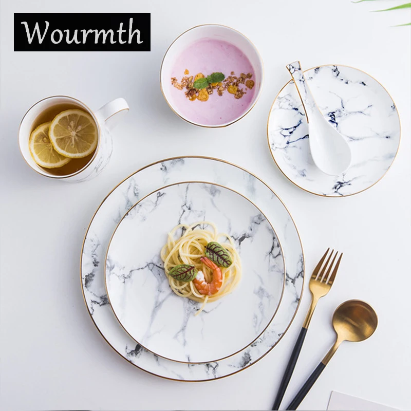 Wourmth Hand-painted Phnom Penh Ceramic Tableware Marble disk Steak dish Plates Rice Noodles Bowl Dessert plate Hotel tableware | Дом и сад