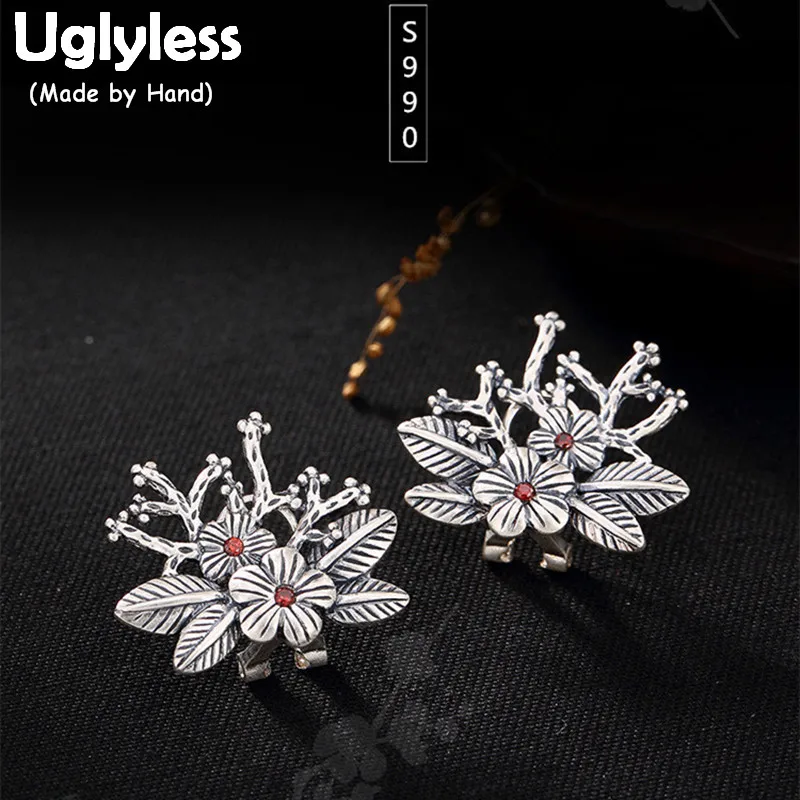 

Uglyless Real S 999 Silver Women Fine Jewelry Vintage Engraved Flower Studs Earrings Ethnic Plum Tree Brincos Thai Silver Bijoux