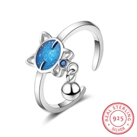simple cute blue cat bead tassel adjustable ring for women girl 925 sterling silver ring anillos bague mujer