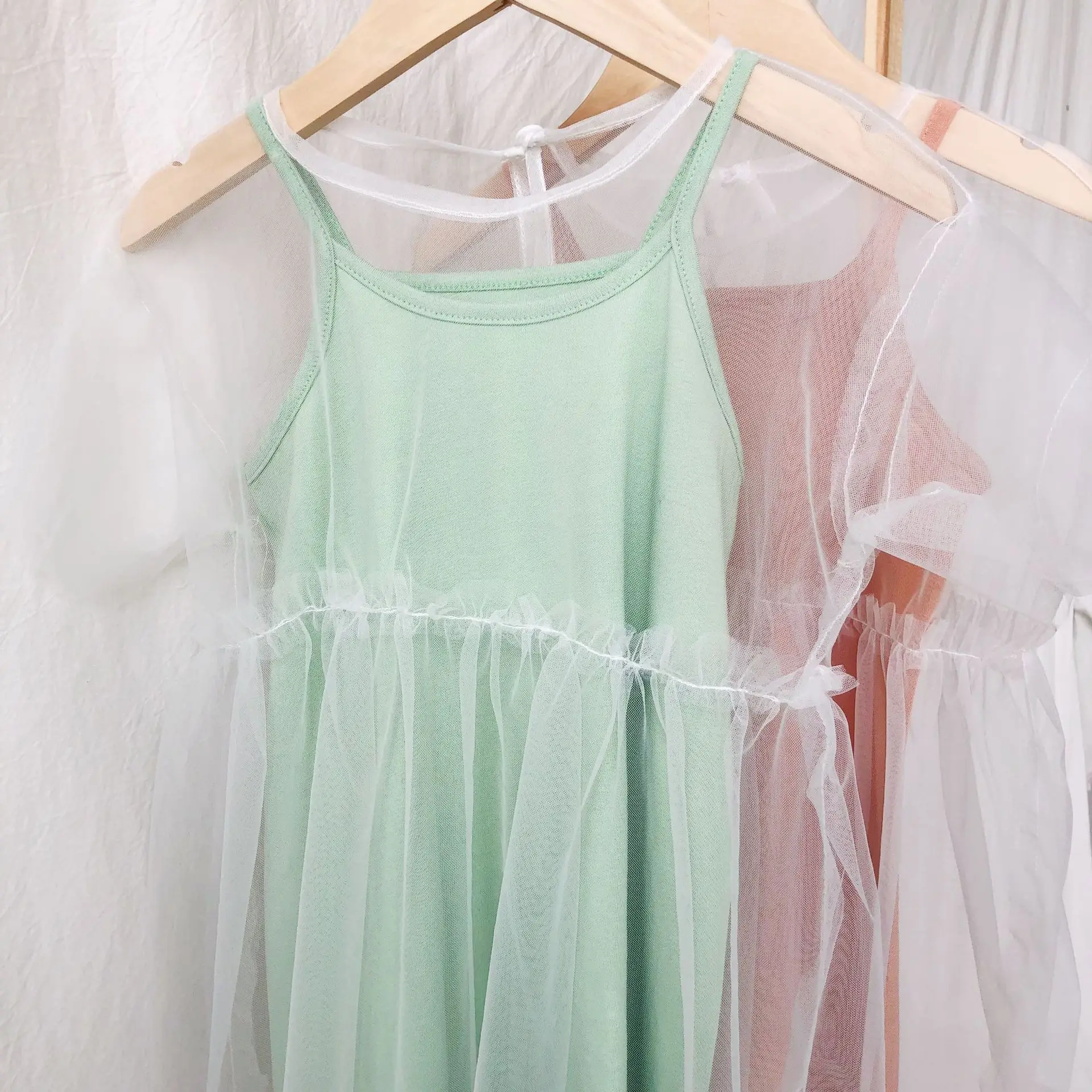 Summer Korean style sleevless solid color slip dress + mesh smock 2pcs suits for cute girls fashion casual dresses | Детская одежда и