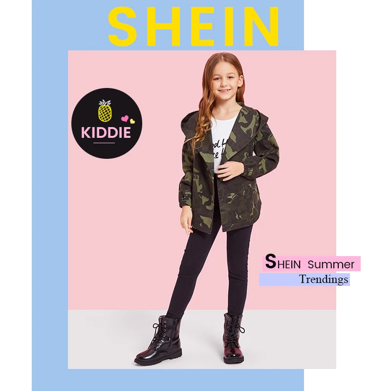 SHEIN/Детская камуфляжная куртка с капюшоном и поясом для девочек; пальто; детская одежда; коллекция года; Осенняя Повседневная куртка с длинными рукавами для подростков