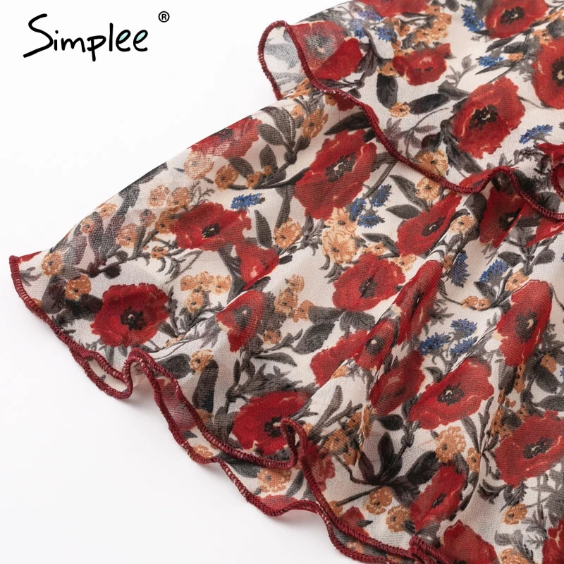 Simplee элегантные оборки принт шифоновое винтажное платье фонарь рукав Короткое