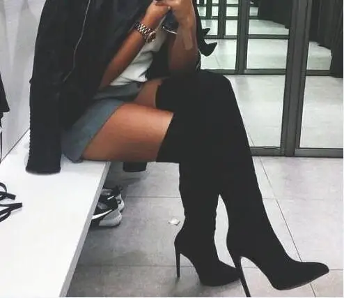 as picture Sapato feminino/облегающие высокие Стрейчевые сапоги на высоком каблуке, черные женские сапоги, кожаные чулки выше колена, женская обувь - Цвет: as picture