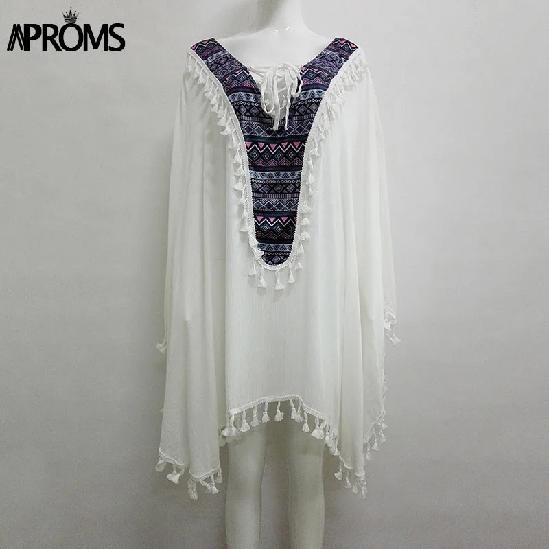 Aproms Enthnic, принт, кисточка, для пляжа, размера плюс, блузки для женщин, бохо, v-образный вырез, шнуровка, Белая Туника, топ, бикини, накидка, кимоно, рубашка, блузы