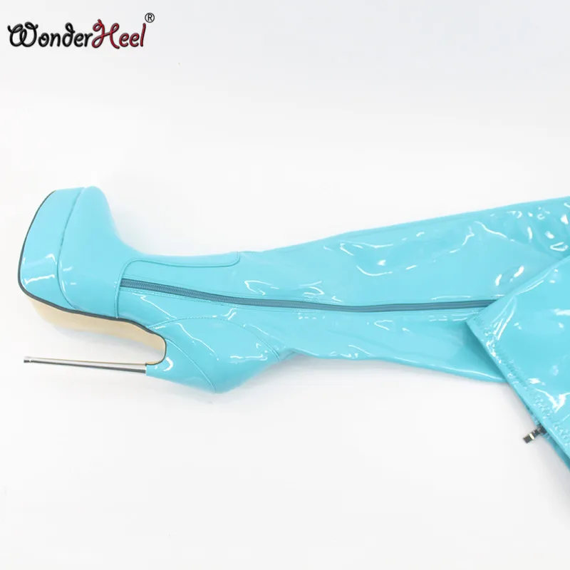 Wonderheel/Новые сапоги до бедра на очень высоком каблуке-шпильке 18 см; пикантные сапоги до бедра на металлическом каблуке; модные лакированные сапоги до промежности на платформе