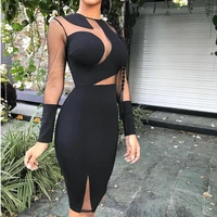 2019 fashion ladies sexy mesh bandage dresses women autumn long sleeve slim party prom plus size blue red black dress vestidos