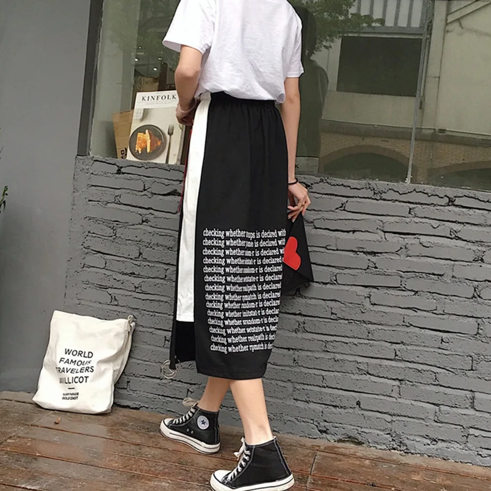 Летняя Корейская юбка с принтом Ulzzang, юбка с принтом в виде букв, для женщин, японский стиль Харадзюку, высокая талия, трапециевидная, черная, белая, длинные юбки, юбка на пуговицах из ленты