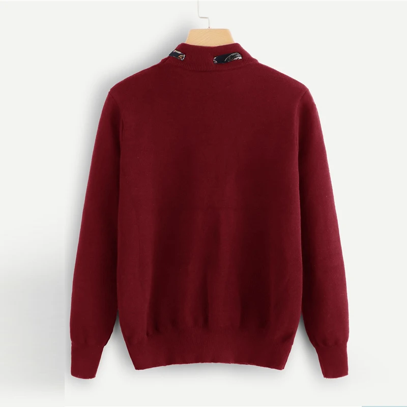 Sheinside, бордовый, осенний, однотонный, вязаный, украшение, свитера, мода, Женский пуловер с длинным рукавом, Повседневный, для девушек, джемпер, свитер