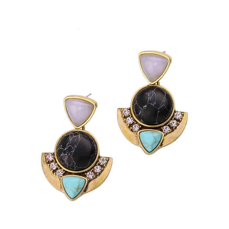 Antique Gold Color Patterned Synthetic Stone Black Earring Geometric Pendant Women Resin Vintage | Украшения и аксессуары