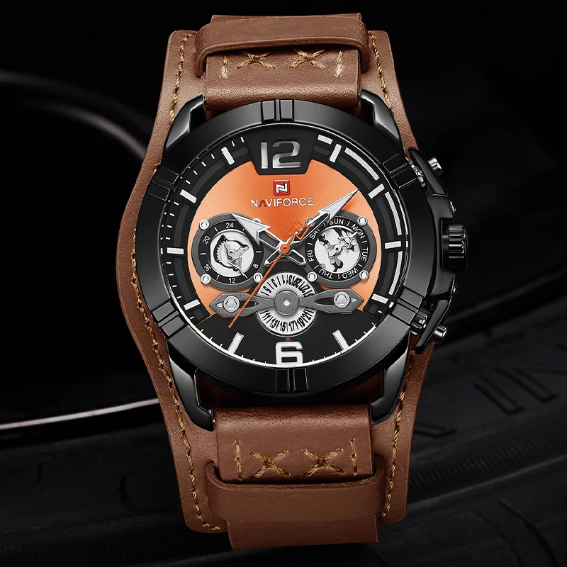 Часы NAVIFORCE мужские черные спортивные модные деловые кожаные водонепроницаемые