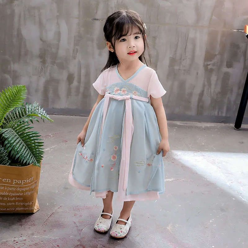 Бежевый Китайский Hanfu платье для девочек летний костюм династии Тан китайская детская одежда народные национальные костюмы платье принцессы DQS1965 - Цвет: Бежевый