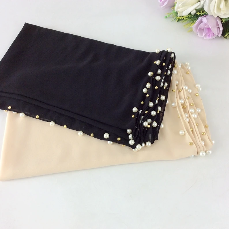 

Plain Bubble Chiffon With Pearls Women Shawl Musilim Hijab Long Scarf Wrap 2017 High Quality Shawls Wraps Shawls And Scarves