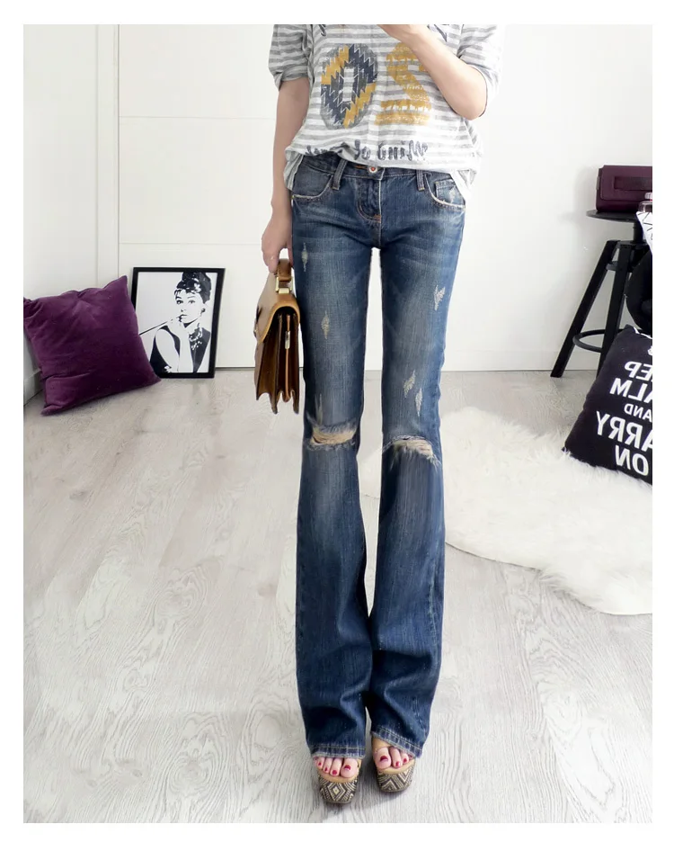 Plus Size Autumn With Low Waist Women Flare Jeans Bell Bottom Ripped For Streetwear Reglar Hole Denim C2003 |