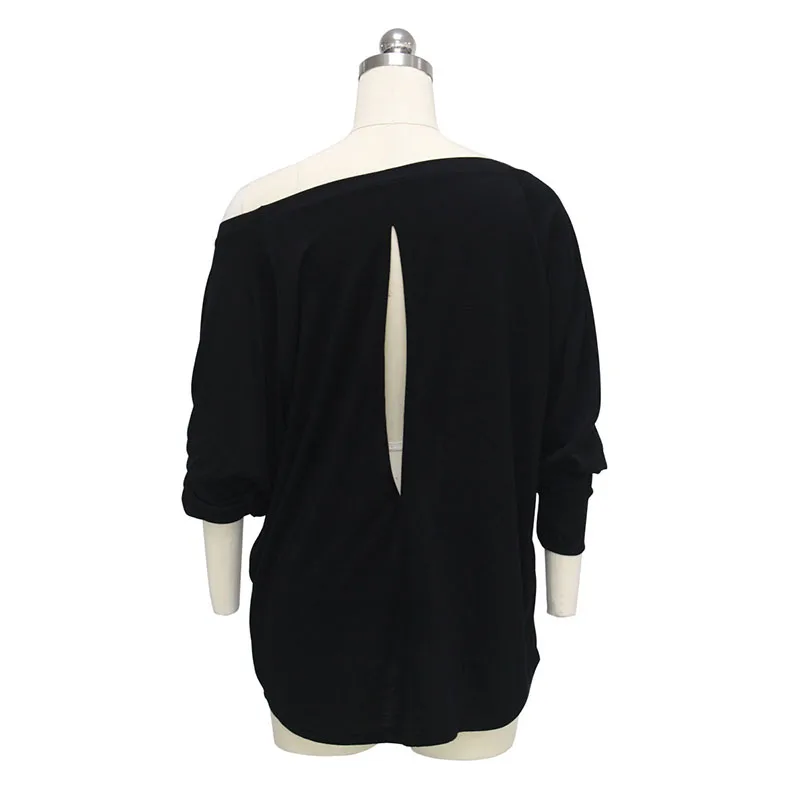 Женщины Футболка Широкий Лодка Шеи С Плеча Черный Длинным Рукавом Печати