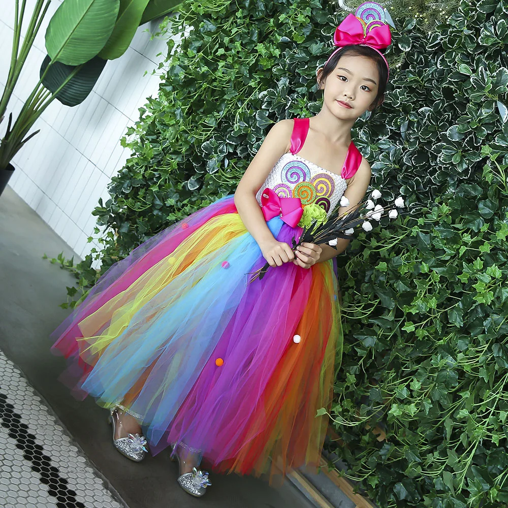 

Rainbow Sweet Candy Fairy Girl Birthday Costume Kids Rainbow Lollipop Flower Bow Tutu Dress and Headband For Mardi Gras Carnival
