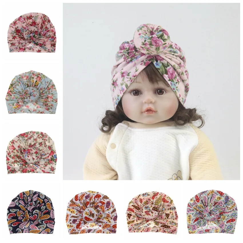 

2019 Fashion Newborn baby printing popular hats Boy Girls Turban Cotton cloth Beanie Hat cute Flower Donut Soft Caps 8 colors
