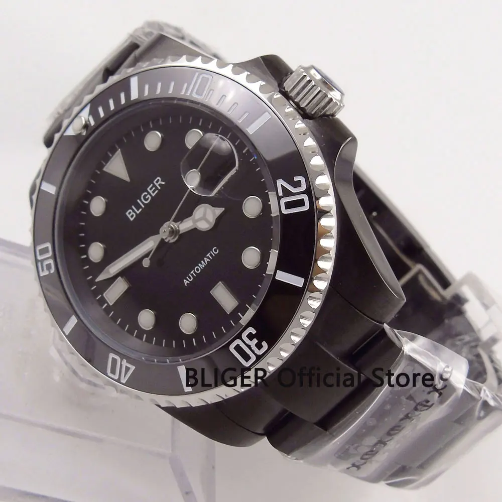 Мужские часы с сапфировым стеклом черный циферблат 40 мм керамическая рамка чехол