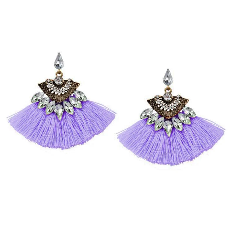Purple ES2159, богемные темпераментные стразы, серьги для женщин, модное ювелирное изделие, веерообразные серьги с кисточками, винтажные этнические ювелирные изделия для ушей - Окраска металла: Purple