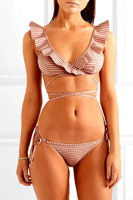 Купальник бикини женский полосатый с чашками пуш ап и открытой спиной|beachwear