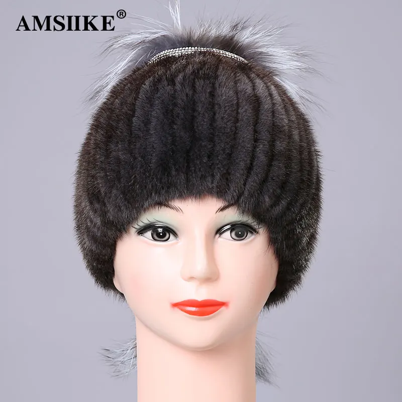 AMSIIKE Норковая шапка с оригинальным понпоном из чернобурки DM2041 | Аксессуары для