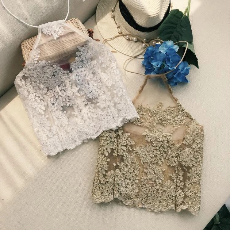 MUMUZI Mesh sheer lace cropped tops sexy halter neck thin vest summer fashion flower crochet spaghetti women | Женская одежда