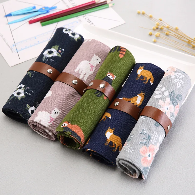 

Cute Cartoon Roll Pencil Bag Fox Raccoon Alpaca Pen Bag Flowers School Supplies Kawaii Stationery Tool Gift Bag Pen Holder Pouch