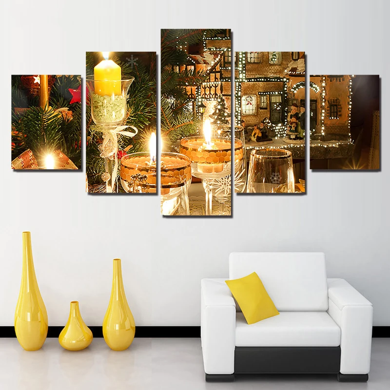 

Painting Canvas Wall Art Unframed Modular Picture For Living Room Christmas Candles 5 Panel Poster And Print Home Decor