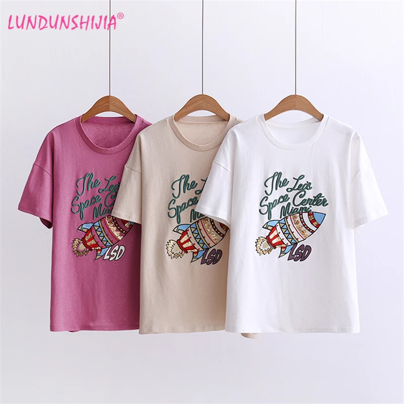 Футболка LUNDUNSHIJIA женская с вышивкой топ из 2019 хлопка Свободная рубашка коротким