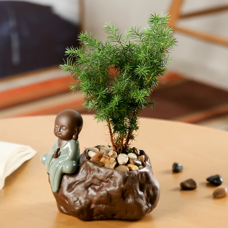 

Zen Chinese Style Ceramics Plant Bonsai Retro Little Monk Flower Pot Plant Pot Desktop Decoration Garden Planters Vase Container