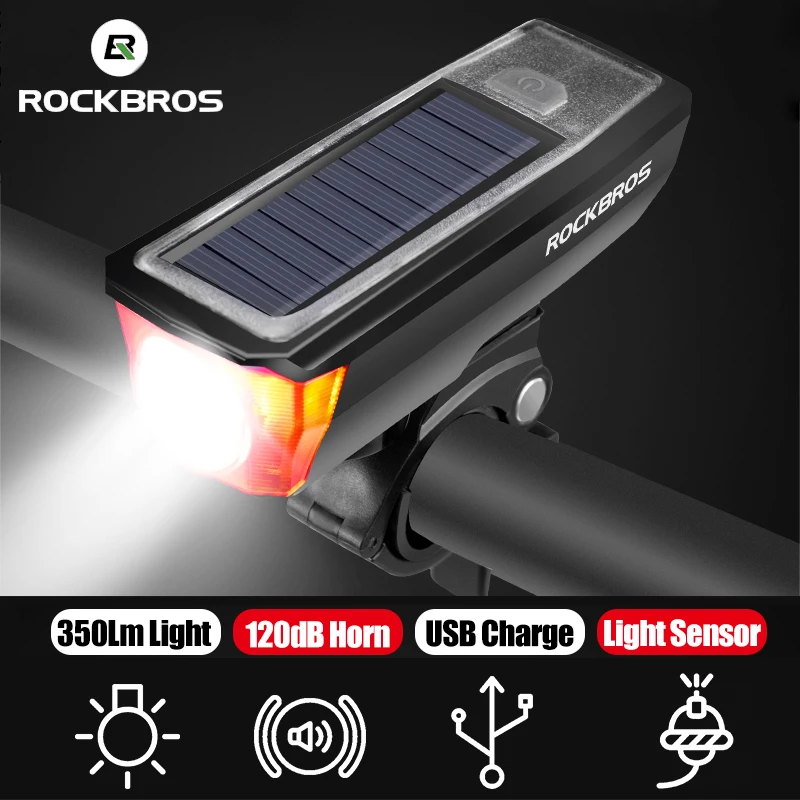 ROCKBROS велосипедный передний светильник громкий велосипедный Рог набор 350 лм USB Перезаряжаемый велосипедный головной светильник Электрический 120дБ Рог солнечная панель светильник s