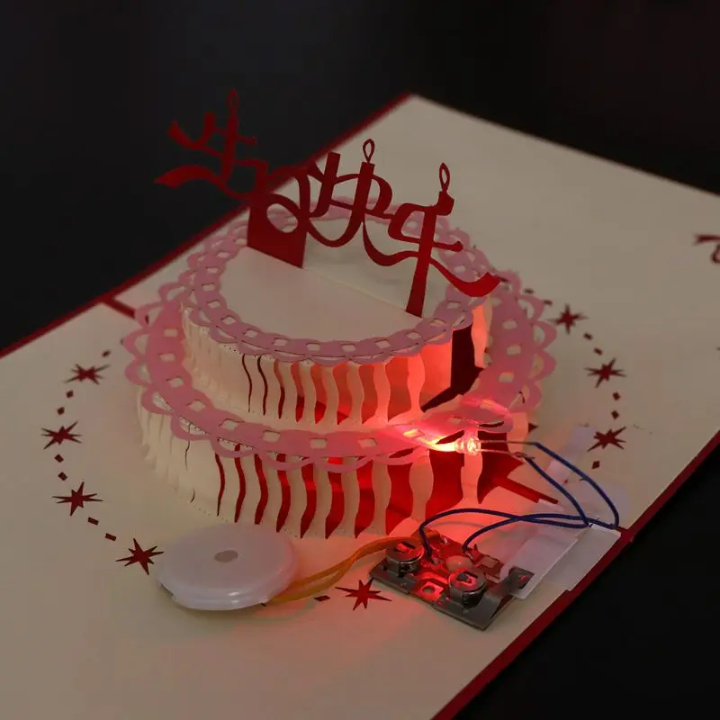 3D всплывающая открытка с днем рождения торт Музыка светодиодная