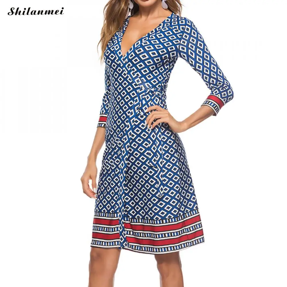 Boho печати миди платье с v образным вырезом женские три четверти рукав вечерние