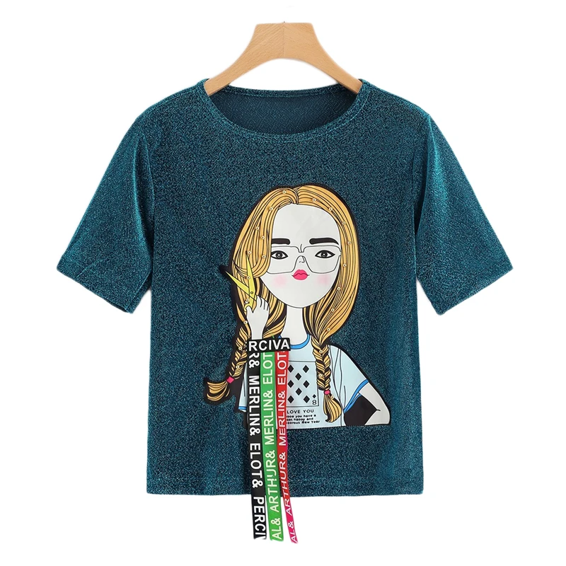 Dotfashion, бирюзовая футболка с рисунком, блестящая женская футболка, лето, Повседневная Уличная одежда, модные топы, футболка с коротким рукавом
