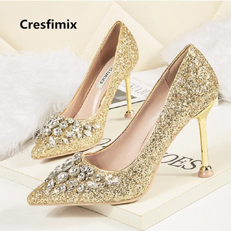 

Cresfimix Vrouwen Hoge Hakken Women Fashion Golden Party Night Club Slip on High Heel Shoes Bridal Crystal Sexy Pumps B3612