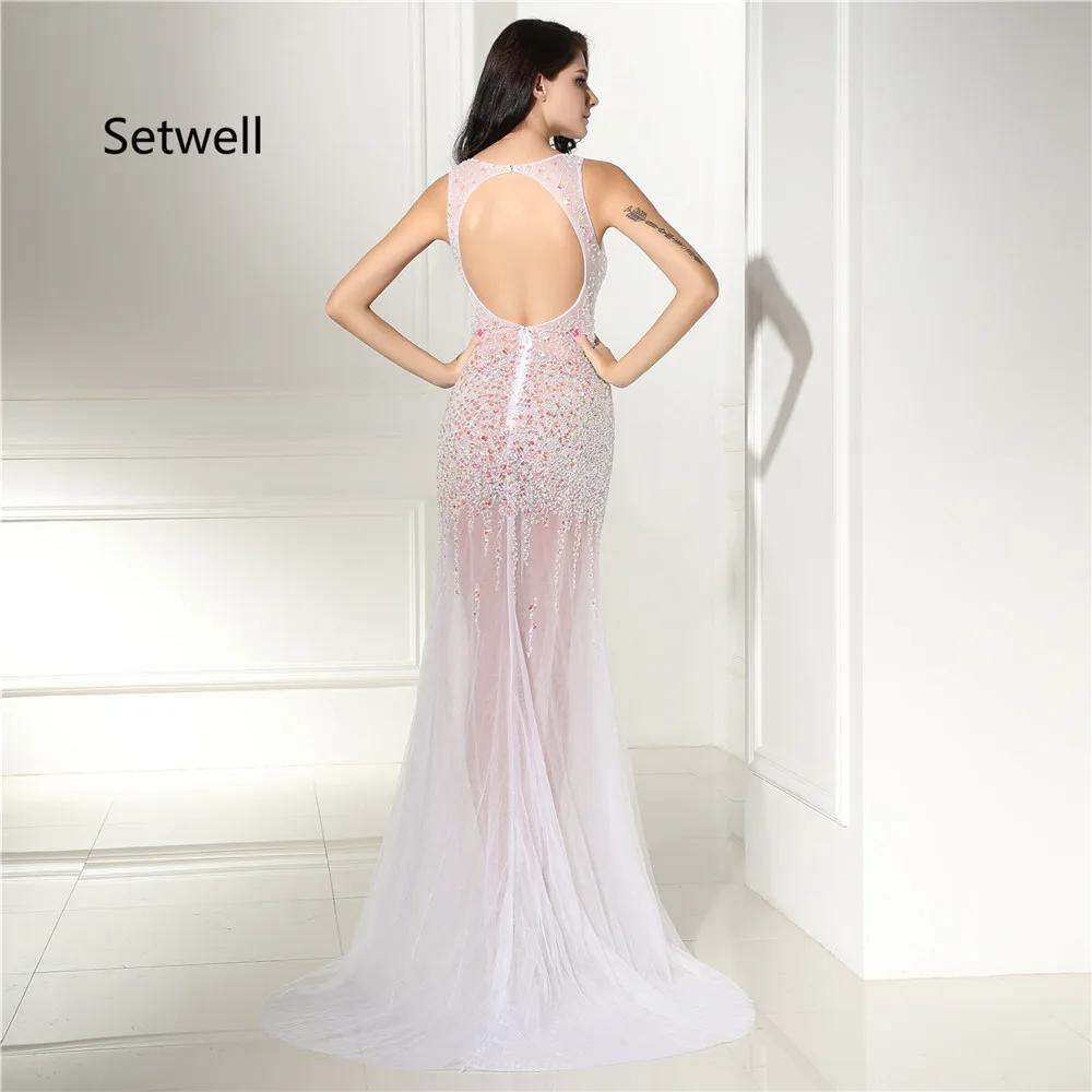 Setwell Sexy V-Neck Backless Mermaid Prom Dresses 2017 Illusion Prom Dress High Quality Beading Sequin Evening Gowns