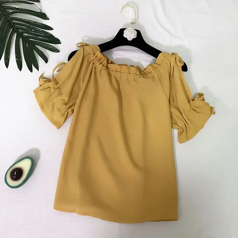

Girls Sweet Off-the-shoulder Tie With A Collar Solid Color Thin Wild Chiffon Short-sleeved T-shirt 2019