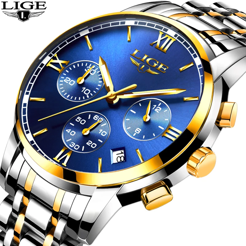 Часы наручные LIGE Мужские кварцевые брендовые Роскошные модные деловые