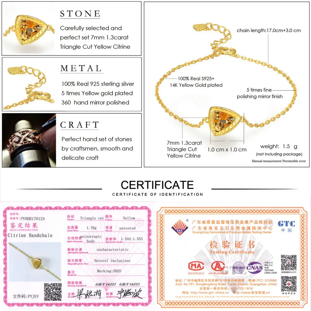 LAMOON 925 пробы Серебряный браслет женский из цитрина драгоценный камень 14K