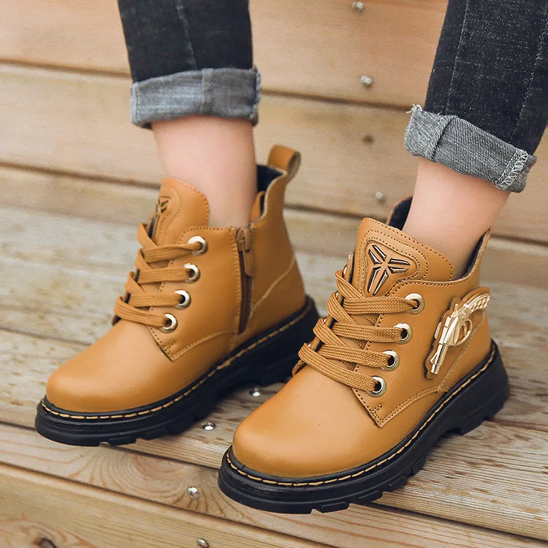

Kids Genuine Leather Boots Children Shoes For Boys Boots Fashion Martin Boots Plush Warm Ankle Casual Non-slip Sneakers Winter
