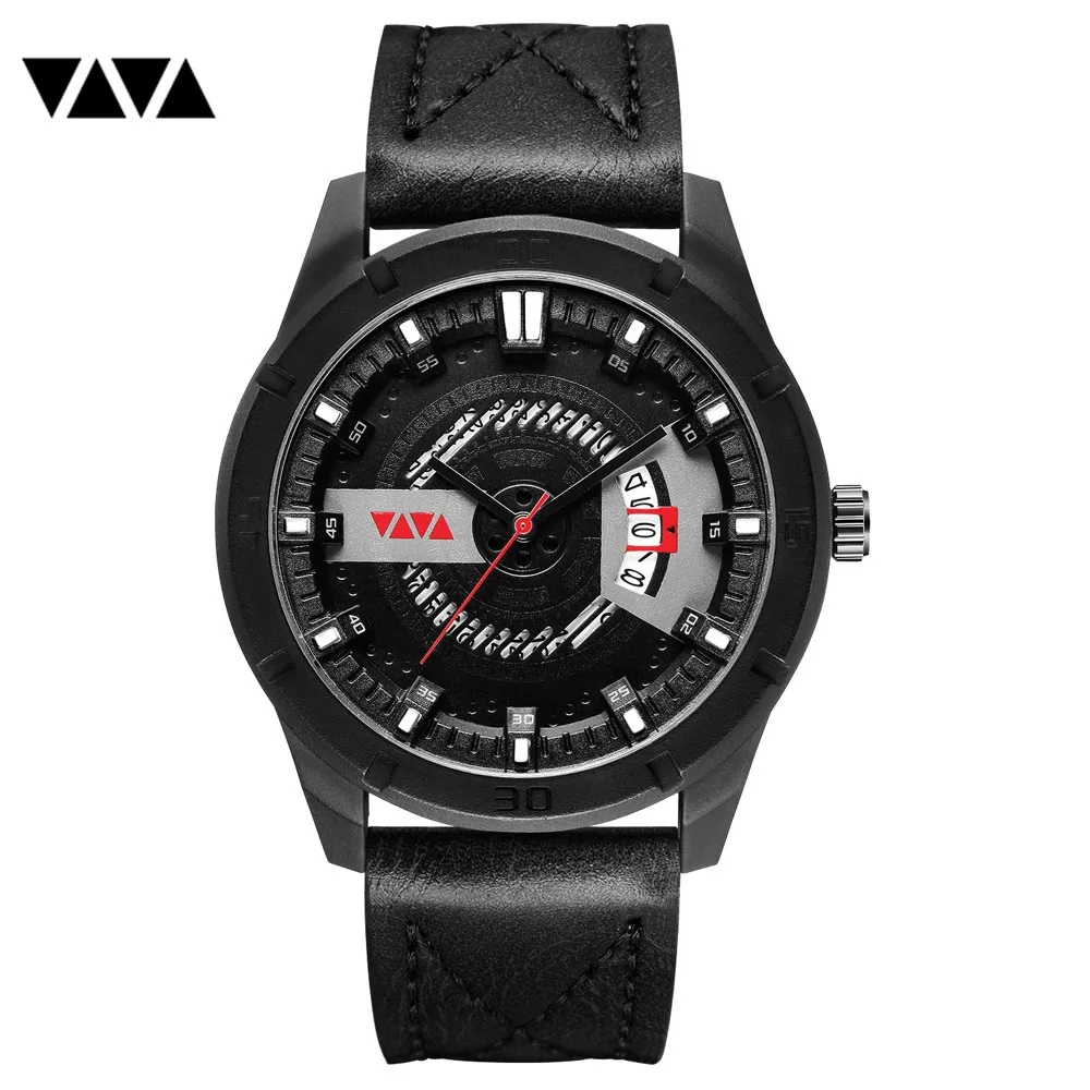 

VAVA VOOM Men Watches Outdoors Sport Fashion Men's Quartz Wrist Watch Black Waterproof Leather Strap Calendar Clock reloj hombre