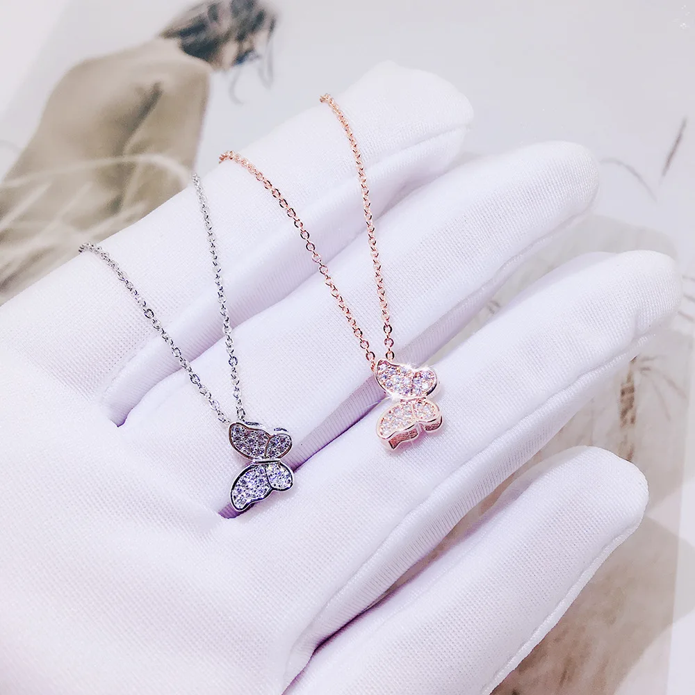 Юнь РУО микро проложить камень циркон бабочка кулон ожерелье чокер серебряный