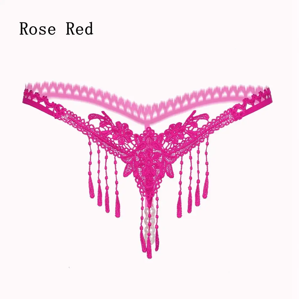 Rose Red 1 шт., модное женское нижнее белье, прозрачные кружевные трусы для девочек, кружевные стринги с бантом и жемчугом, трусики-стринги, сексуальное нижнее белье - Color: Rose Red
