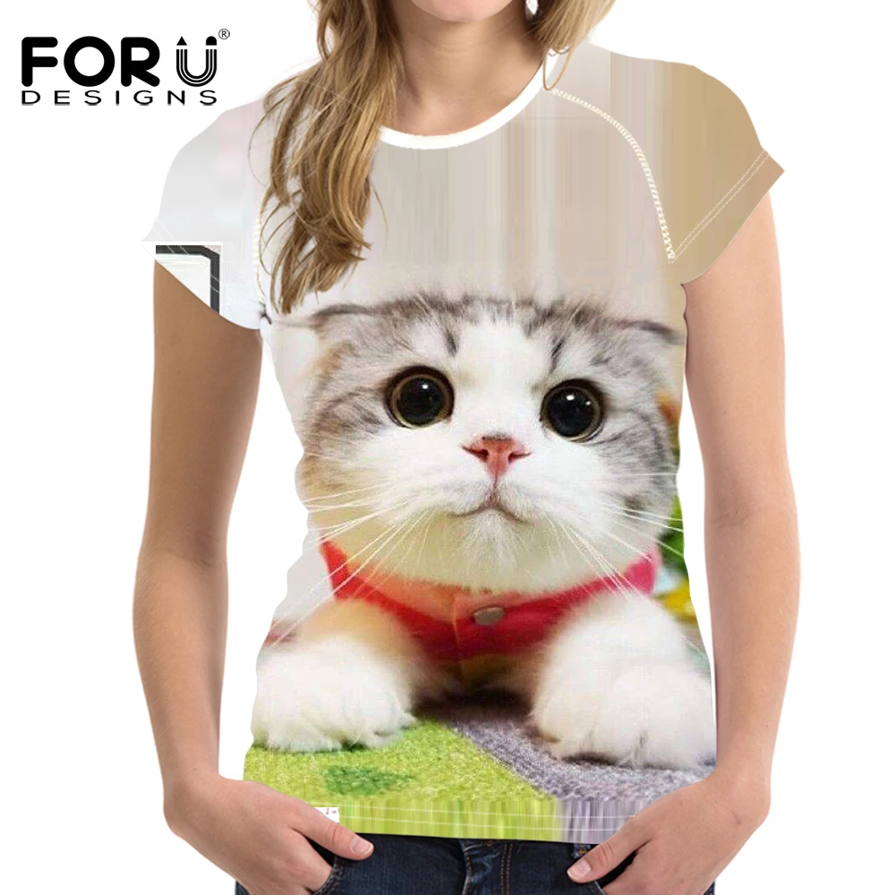 

FORUDESIGNS, летняя новейшая женская футболка, 3D милая женская футболка с принтом кота, забавная одежда, модная футболка