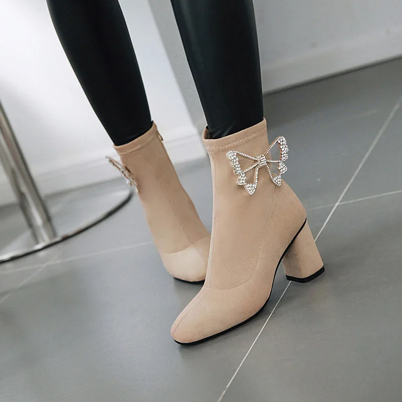 

WETKISS Flock Boots Women High Heels Ankle Boot Winter Shoes Female Butterfly Knot Crystal Shoes Ladies Square Toe Shoes 2019